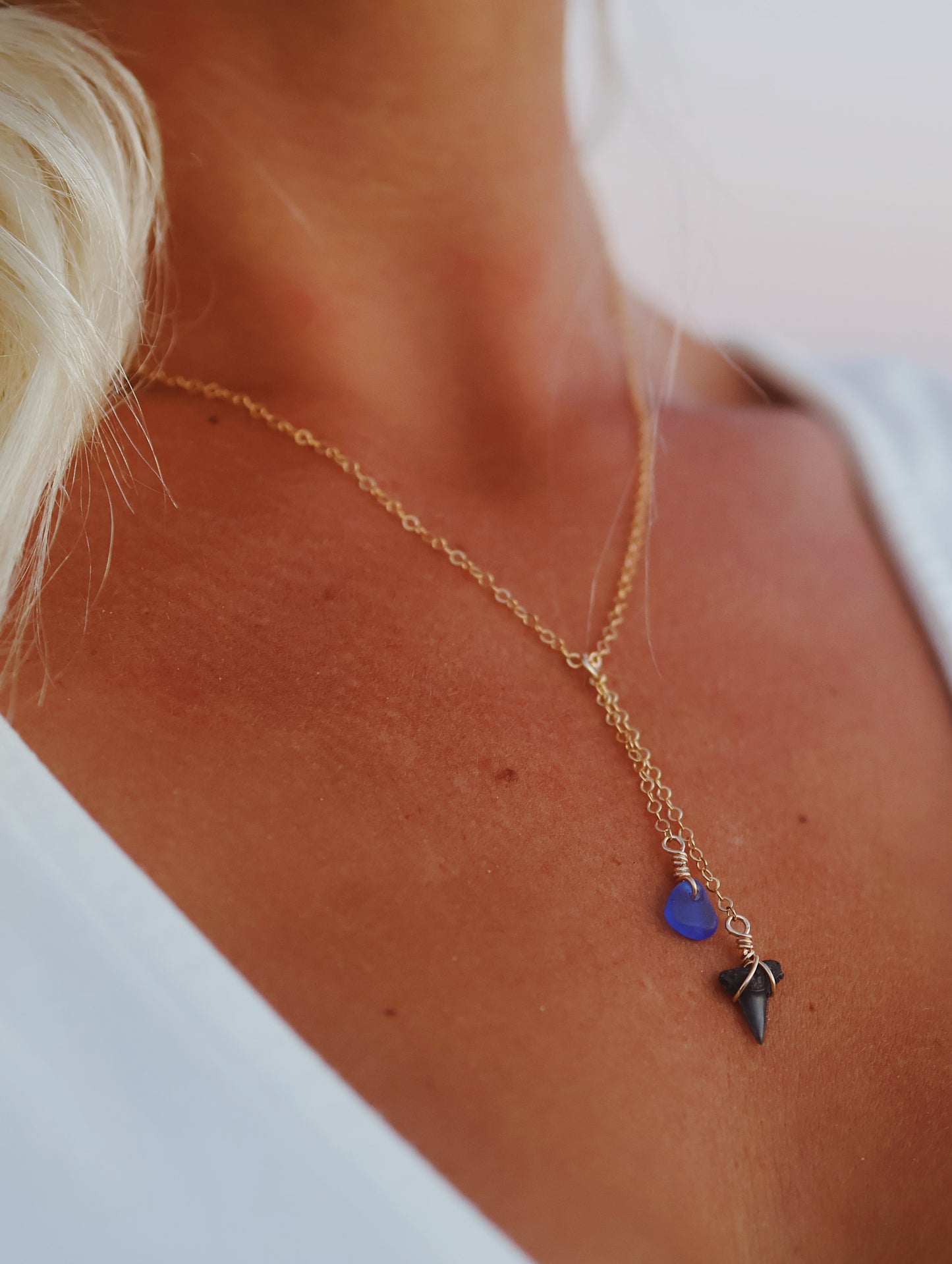 Gold Filled Shark Tooth & Royal Blue Sea Glass Drop Necklace