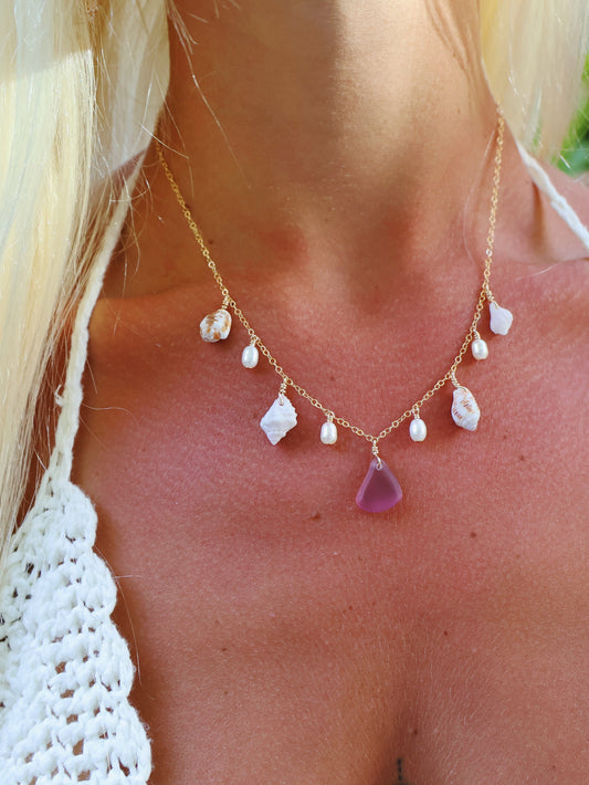 Gold Filled Magenta Mix Shell Baroque Pearl Multi Necklace