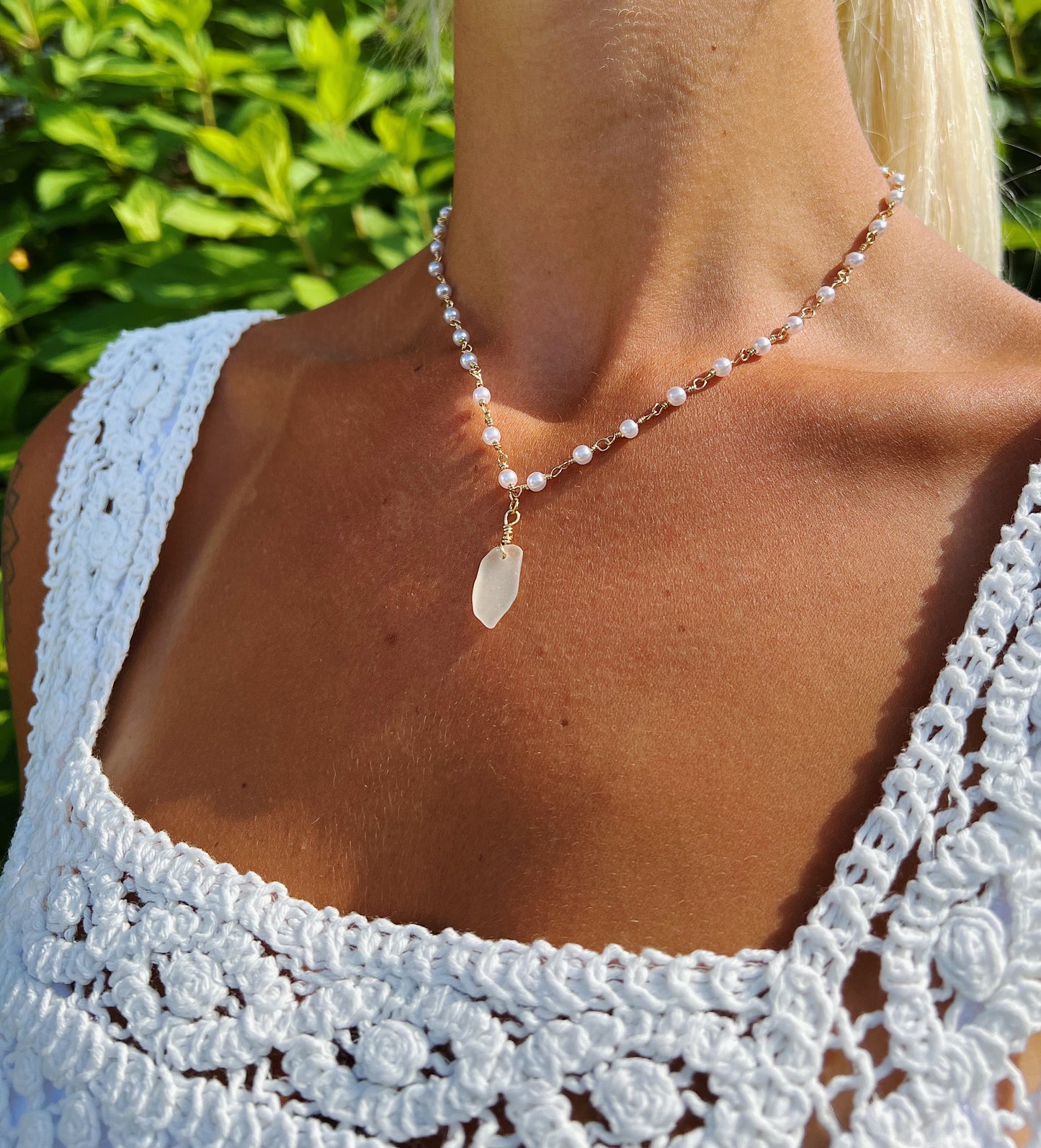 Gold Pearl w/ Clear Sea Glass Necklace