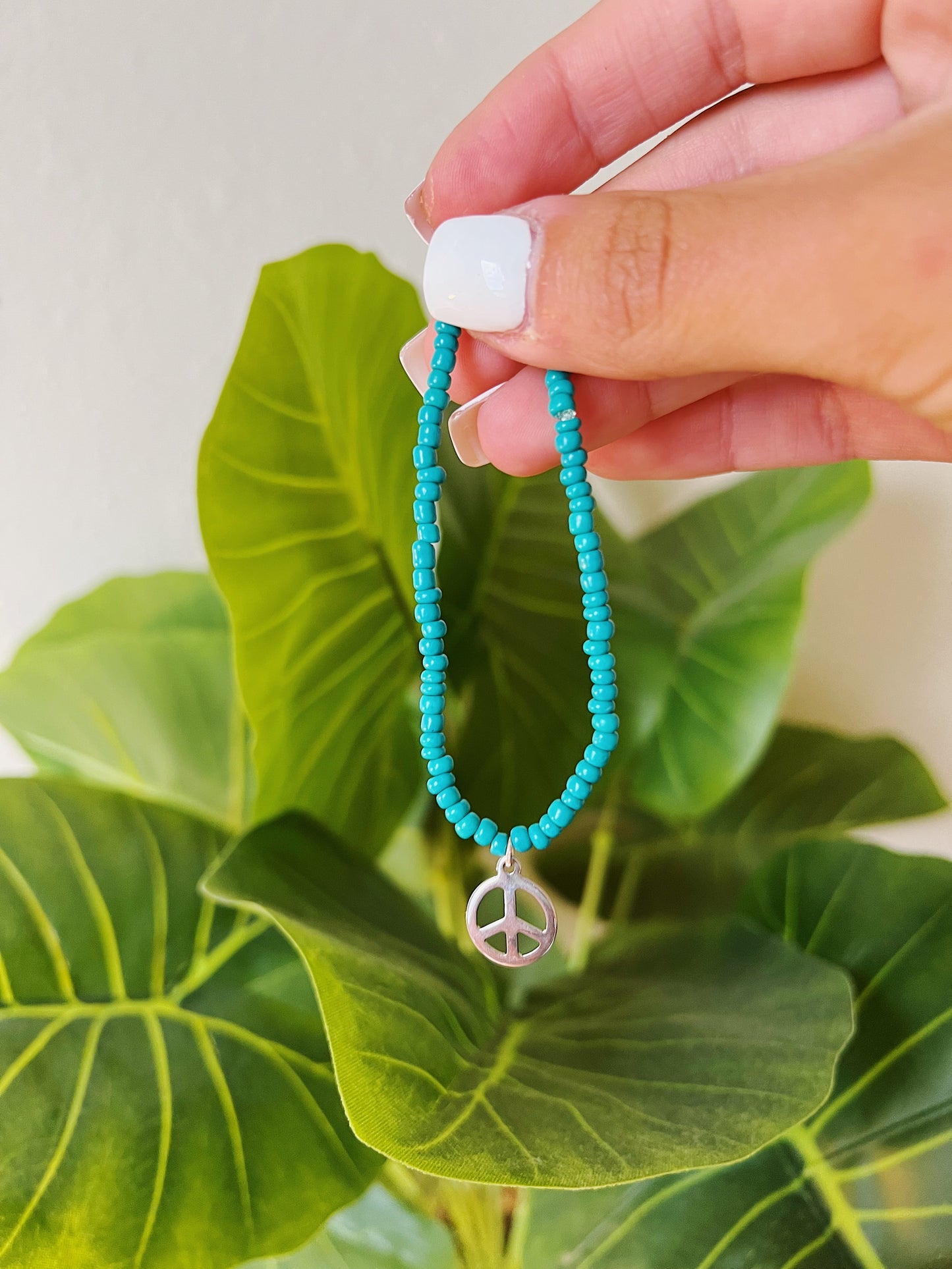 Teal Peace Sign Beaded Bracelet