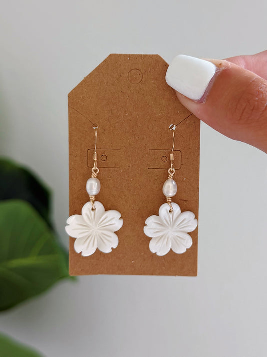 Gold Filled Hibiscus Flower Mother of Pearl Earrings