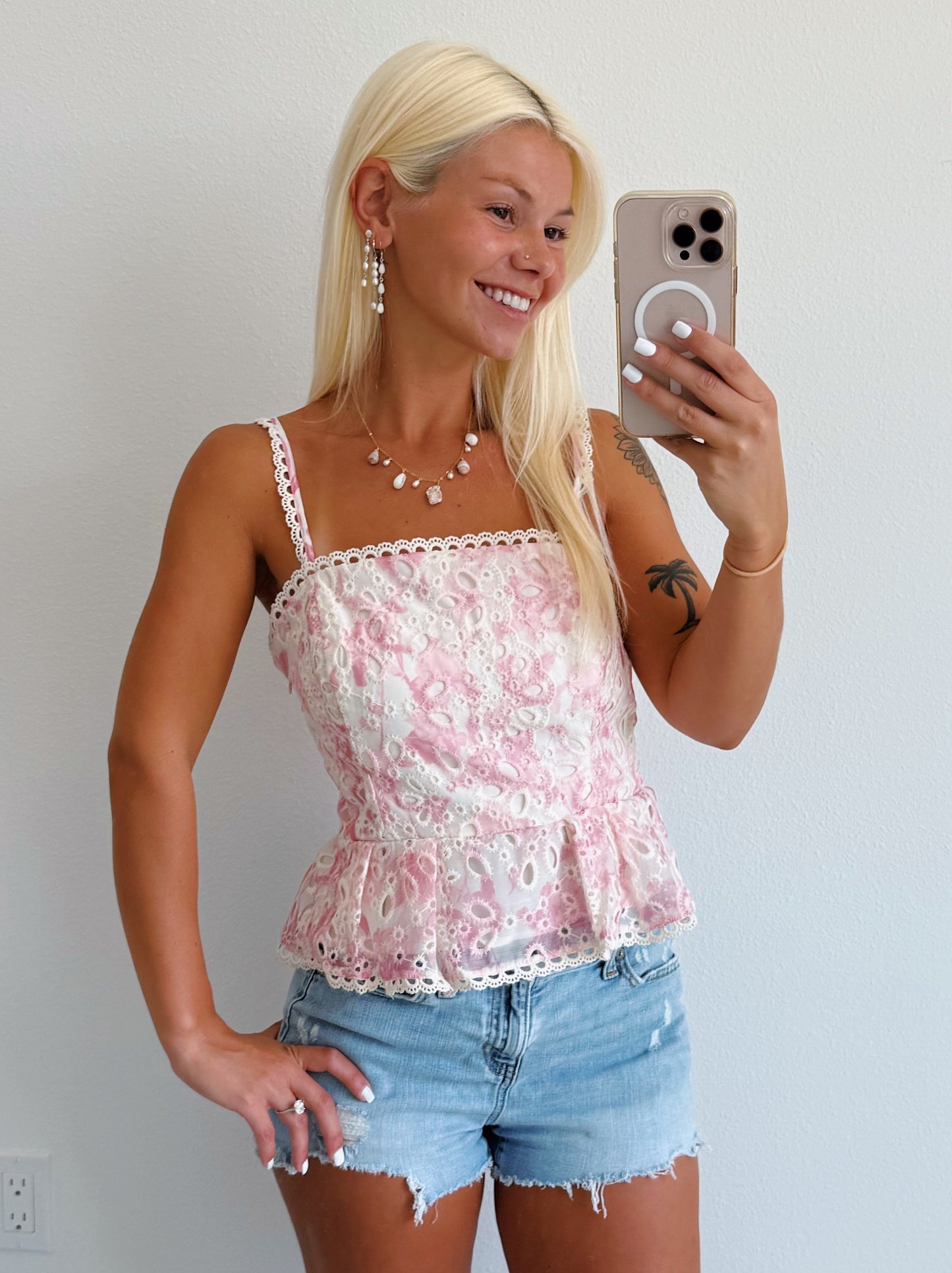 Pink & White Floral Eyelet Ruffle Peplum Tank Top