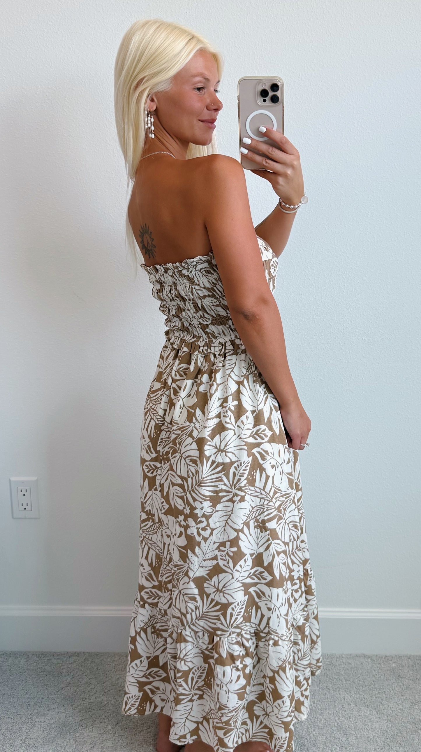Brown Tropical Leaf Smocked Strapless Maxi Dress