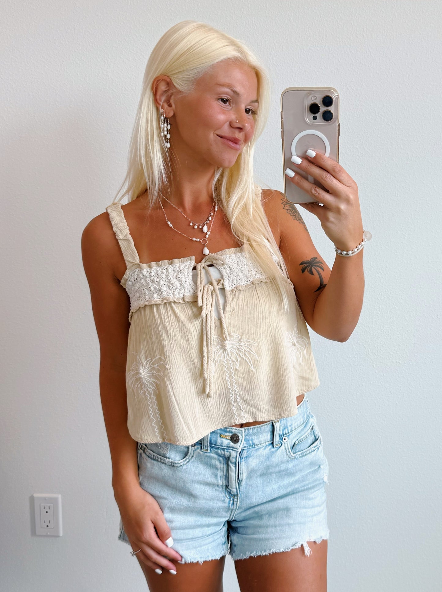 Beige & Crochet Ivory Palm Tree Flowy Tank Top