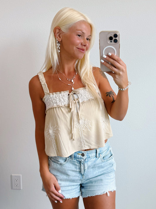 Beige & Crochet Ivory Palm Tree Flowy Tank Top