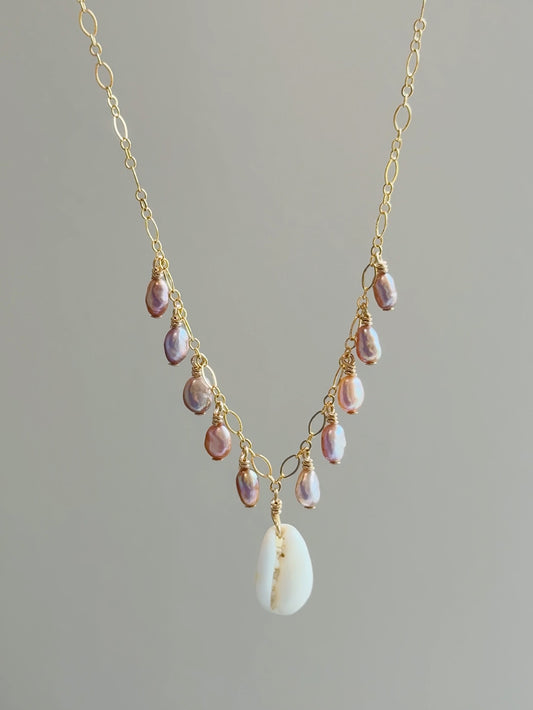Gold Filled Mermaid Pearl Cowrie Shell Multi Necklace