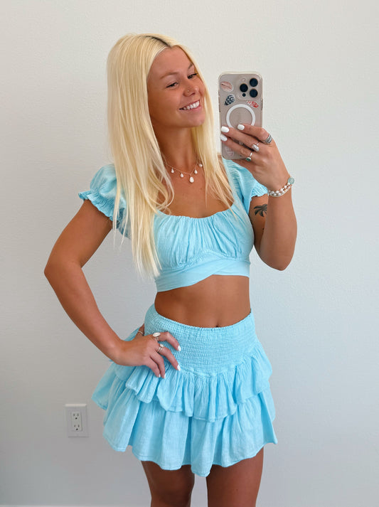 Short Sleeve Tie Back Top & Matching Ruffle Elastic Skirt