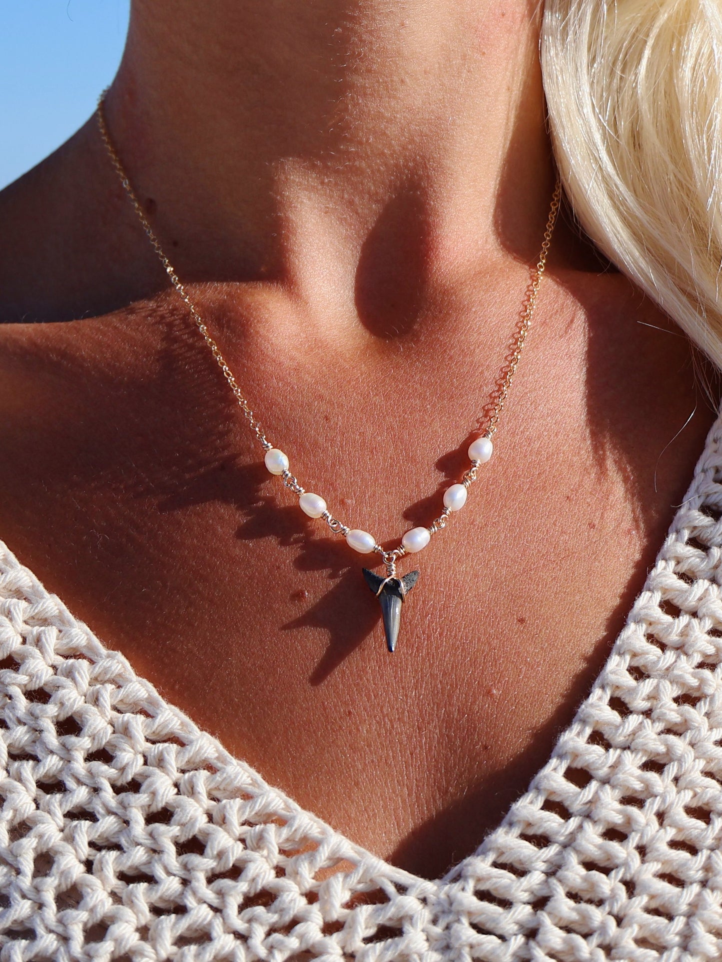Gold Filled Baroque Pearl Shark Tooth Necklace