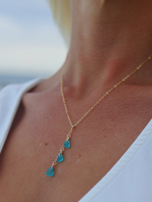 Gold Filled Teal Sea Glass Drop Necklace