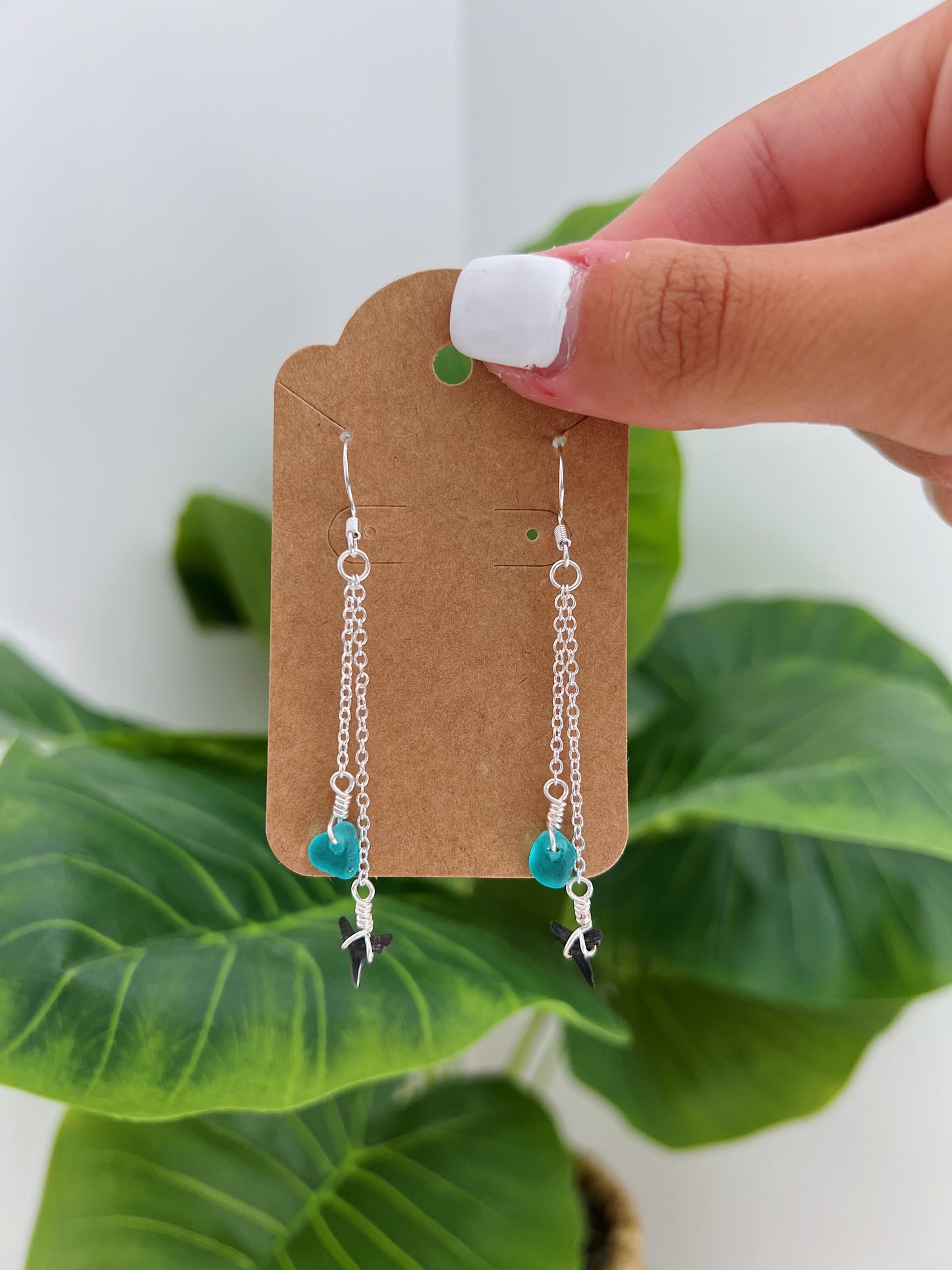 Silver Shark & Blue Sea Glass Dangle Earrings