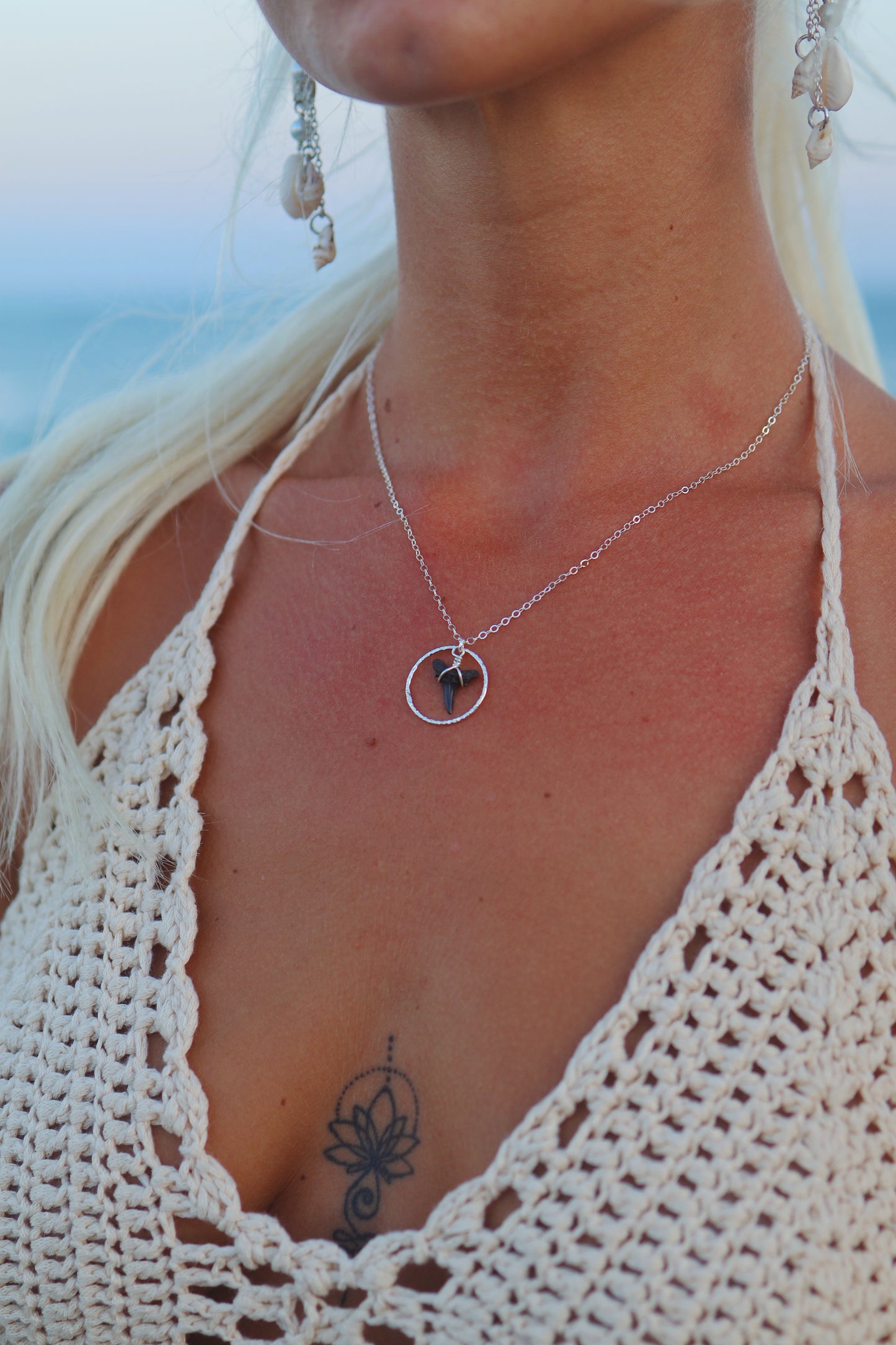 Sterling Silver Shark Tooth Hammered Circle Necklace