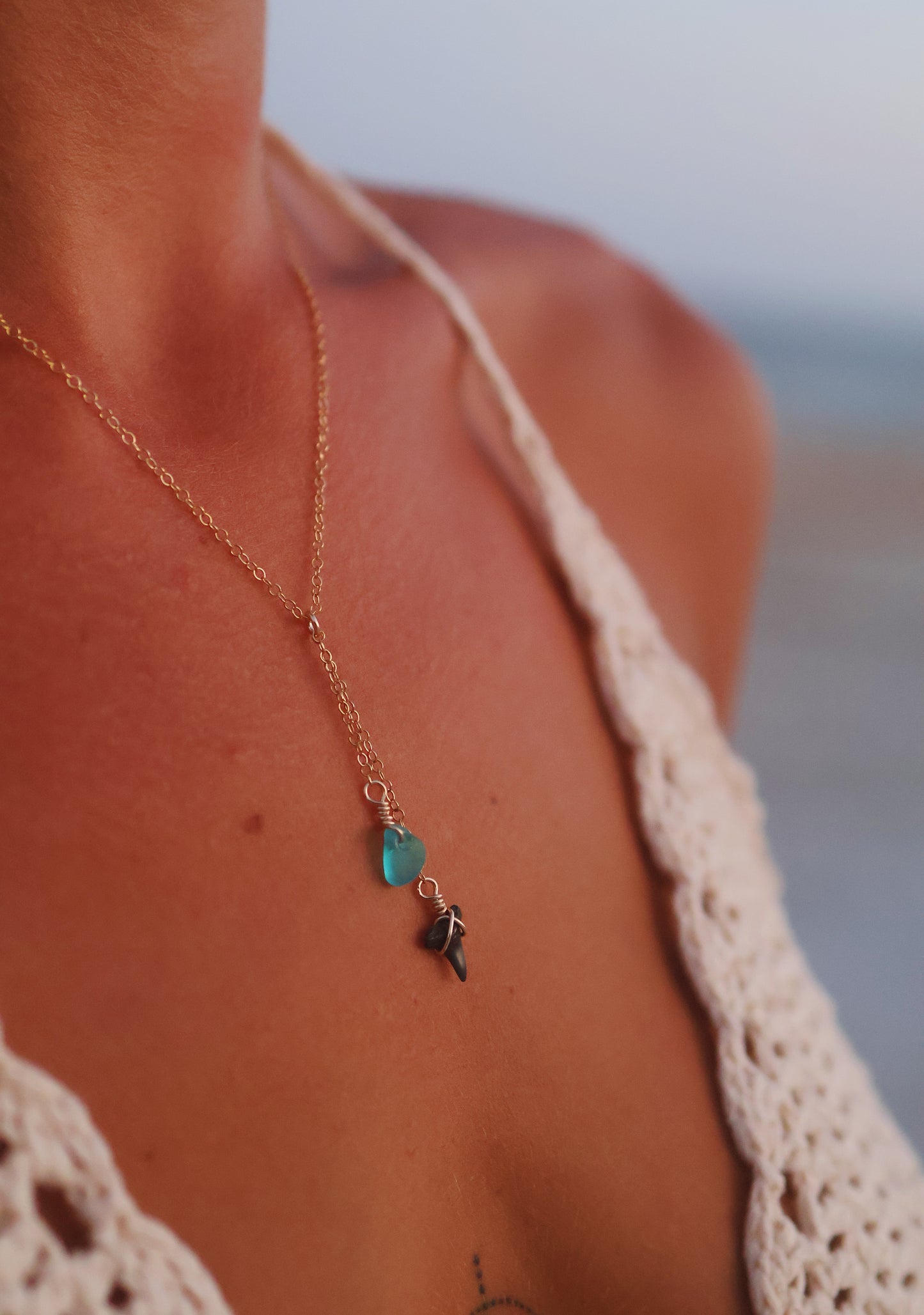 Gold Filled Shark Tooth & Teal Sea Glass Drop Necklace