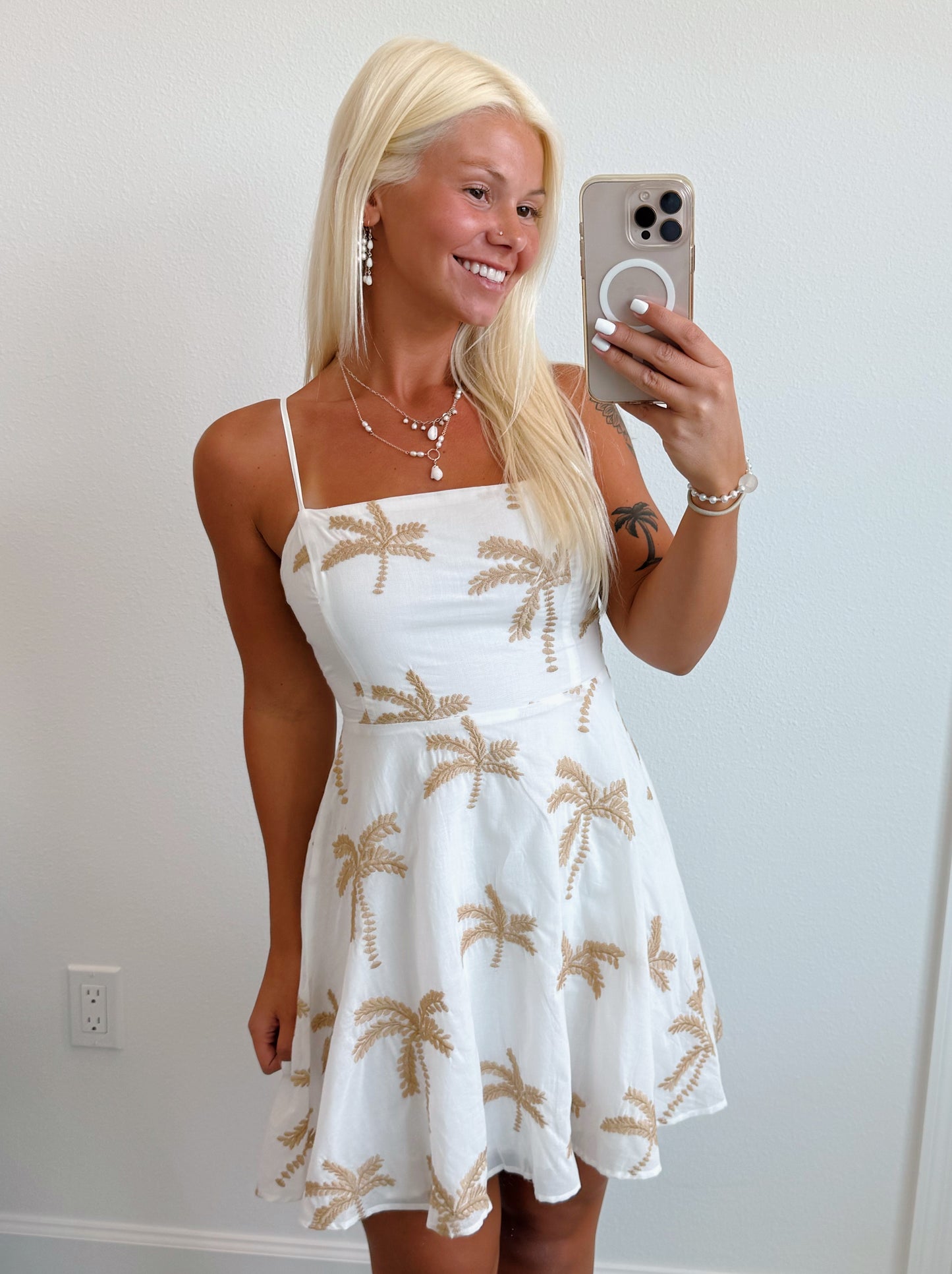 White & Tan Palm Tree Tie Back Dress