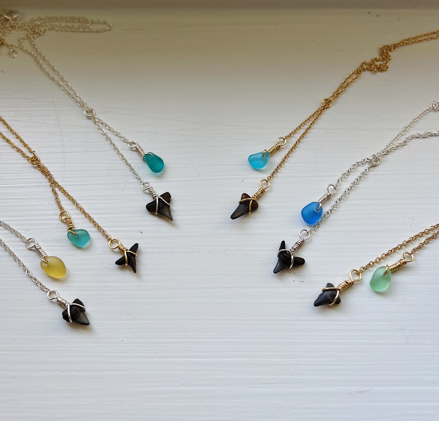 Shark Tooth & Light Blue Sea Glass Gold Drop Necklace