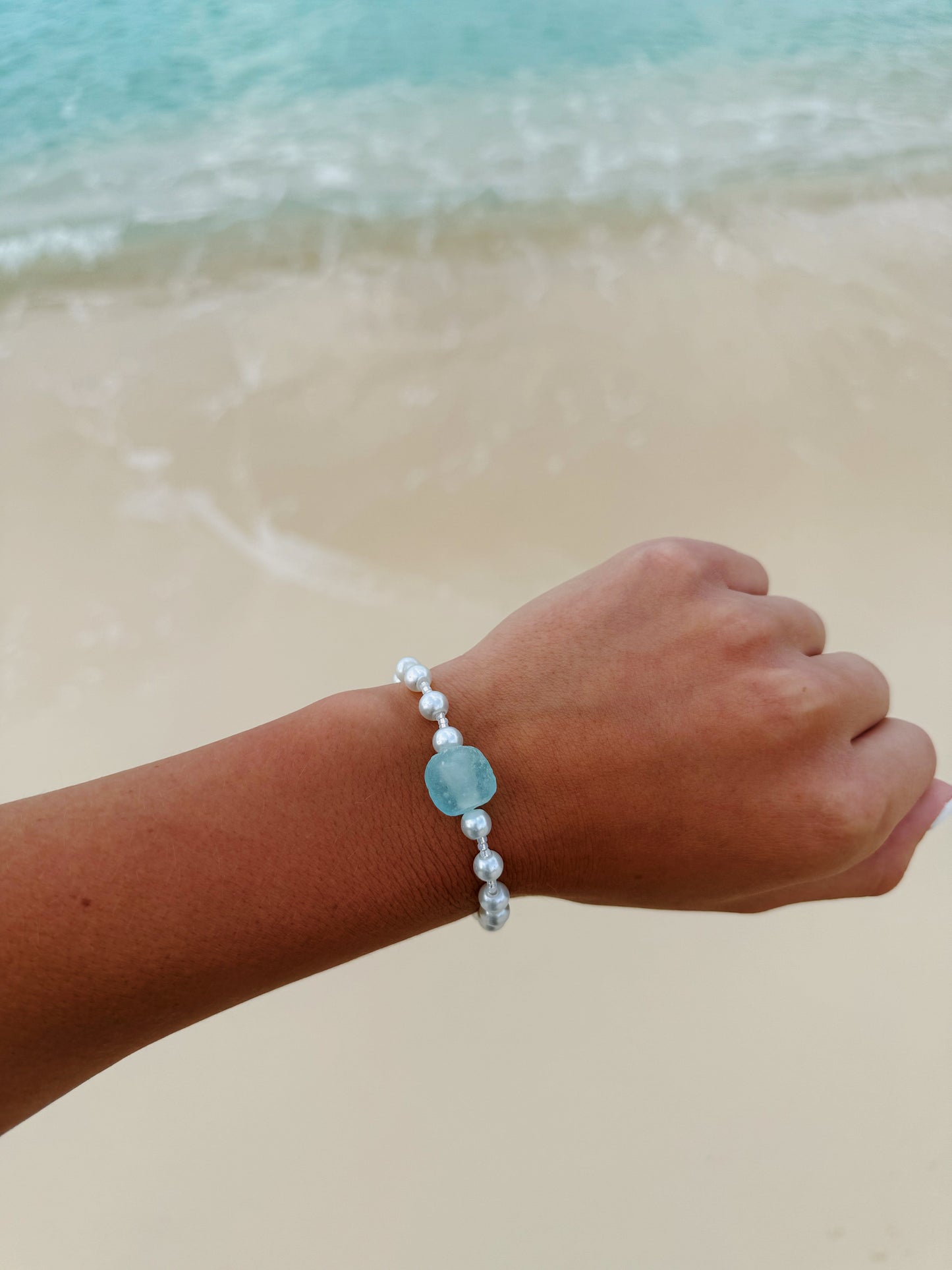 Clear Aqua Sea Glass Pearl Bracelet