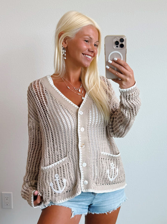 Neutral Coastal Anchor Lightweight Knit Cardigan