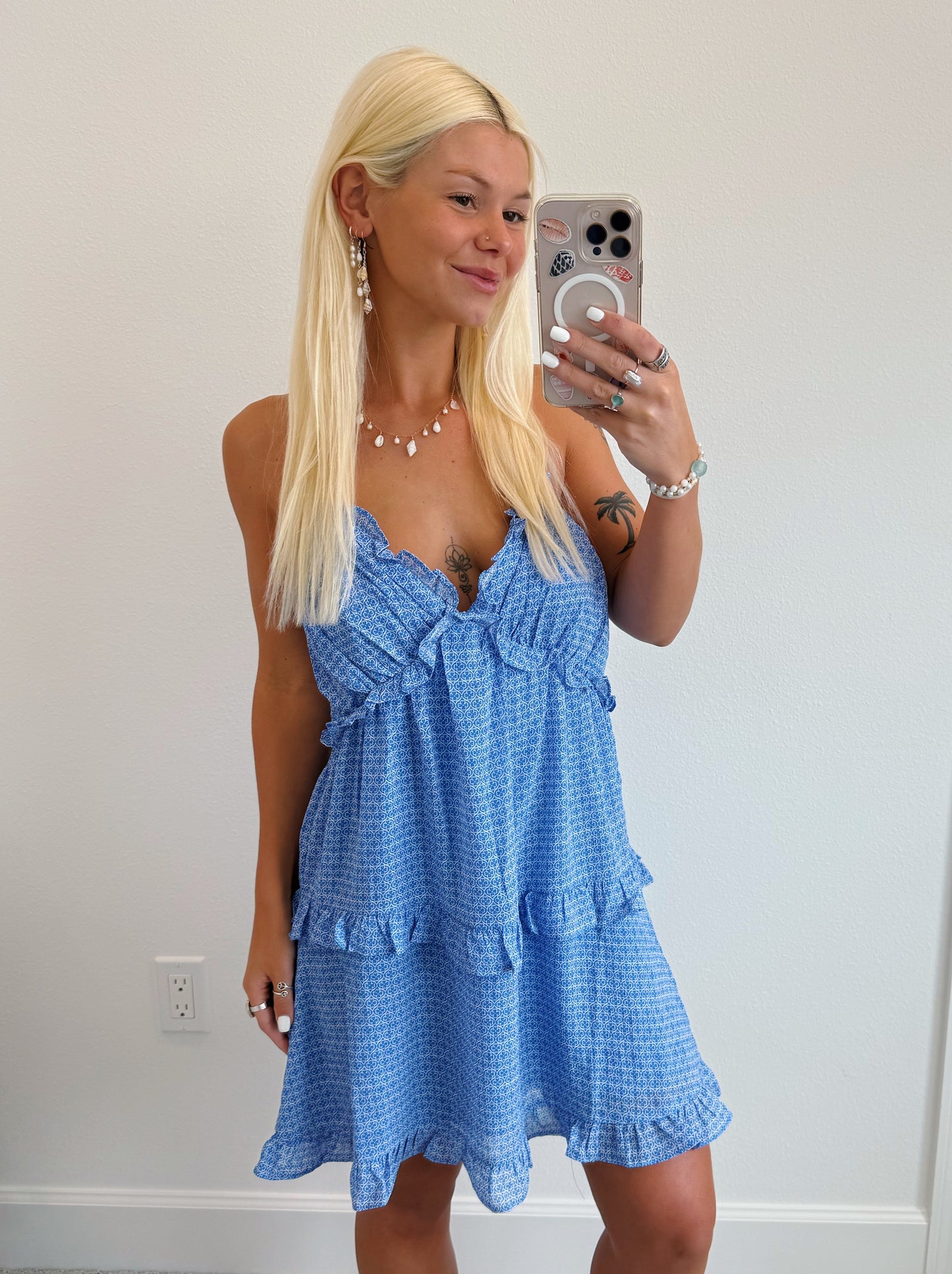 Blue Clover Print Tie Strap Ruffle Dress