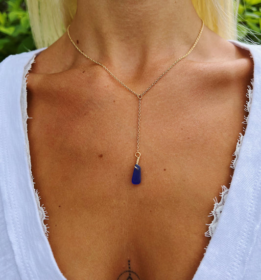 Royal Blue Sea Glass Single Drop Necklace