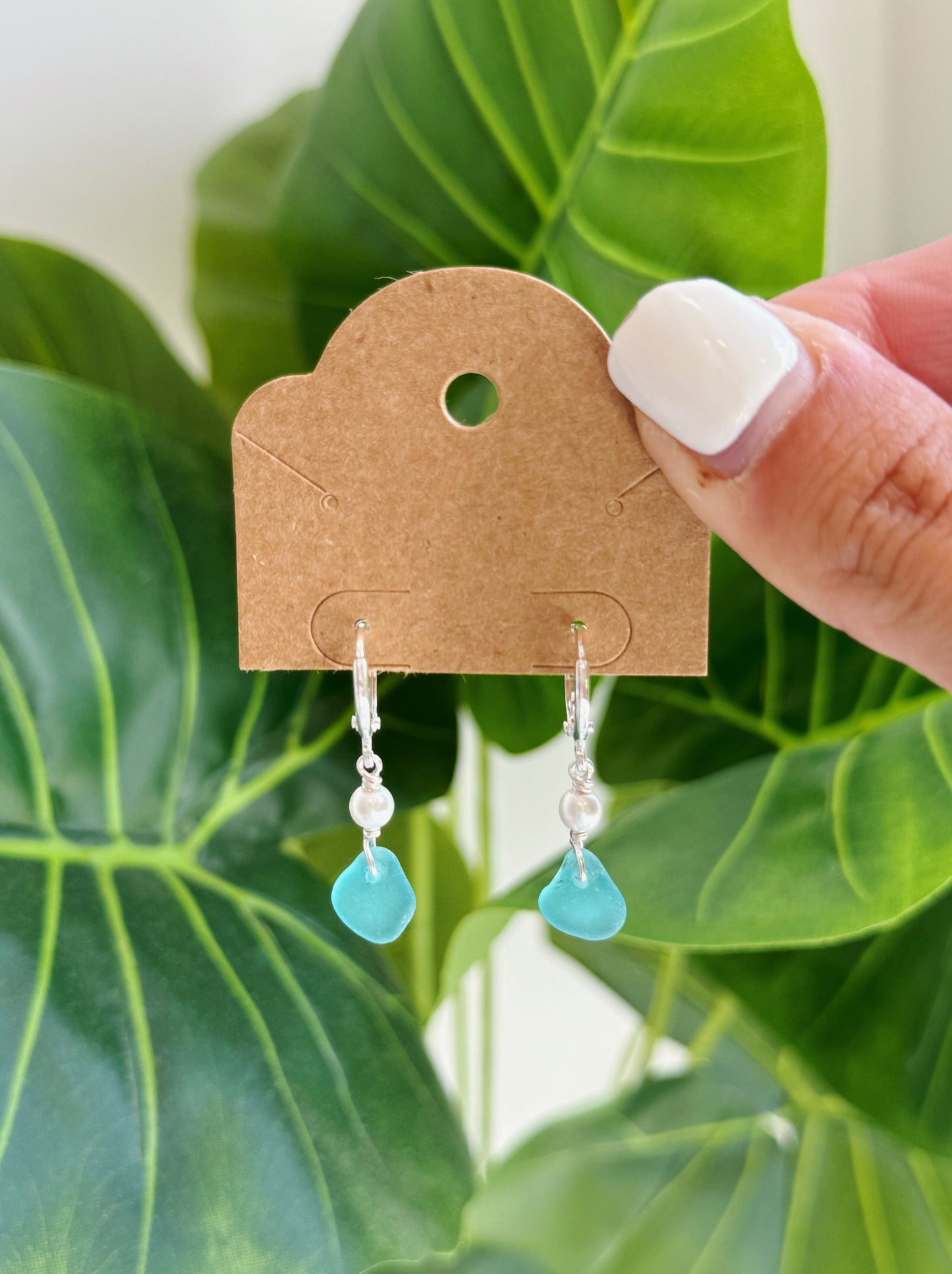 Silver Turquoise Sea Glass Pearl Hoop Earrings