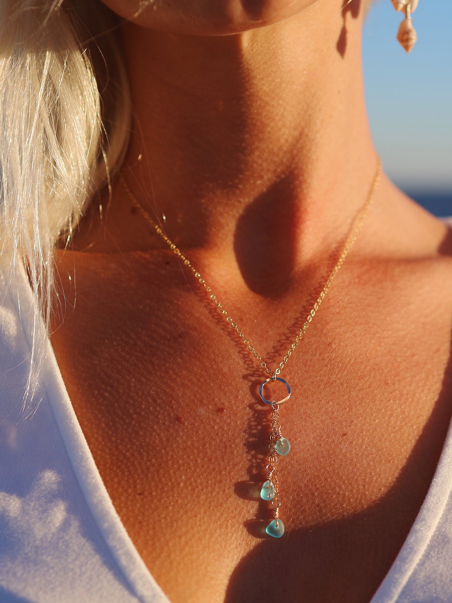 Gold Filled Turquoise Sea Glass Triple Drop Necklace