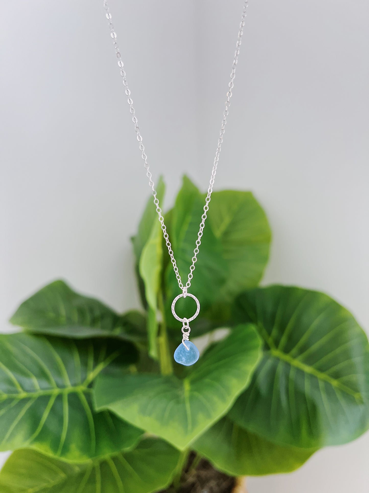 Sterling Silver Periwinkle Sea Glass Hammered Circle Necklace