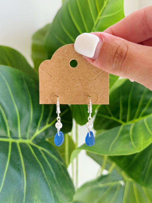 Silver Royal Blue Sea Glass Pearl Hoop Earrings