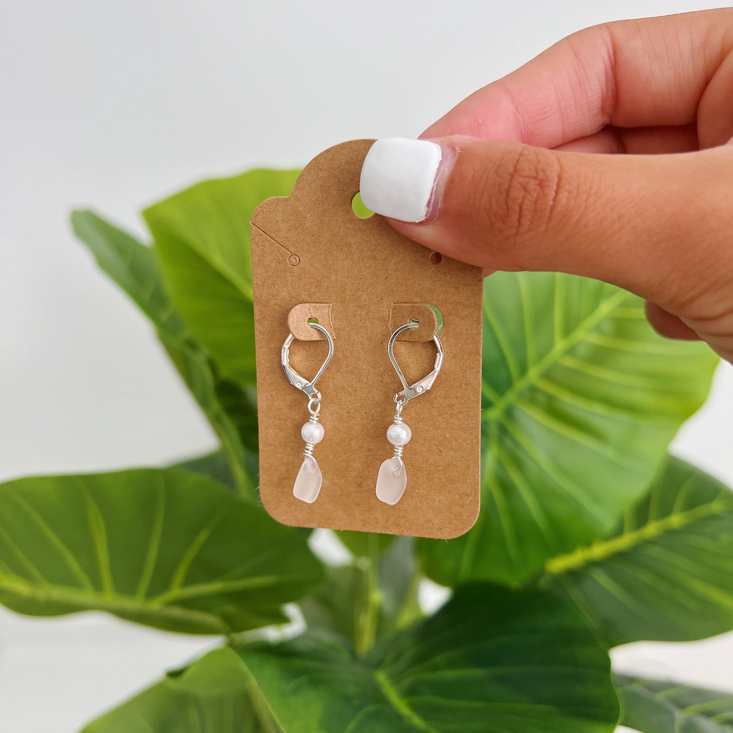 Silver Clear Sea Glass Pearl Earrings