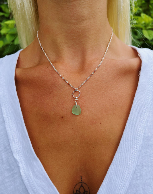 Green Sea Glass Circle Silver Necklace