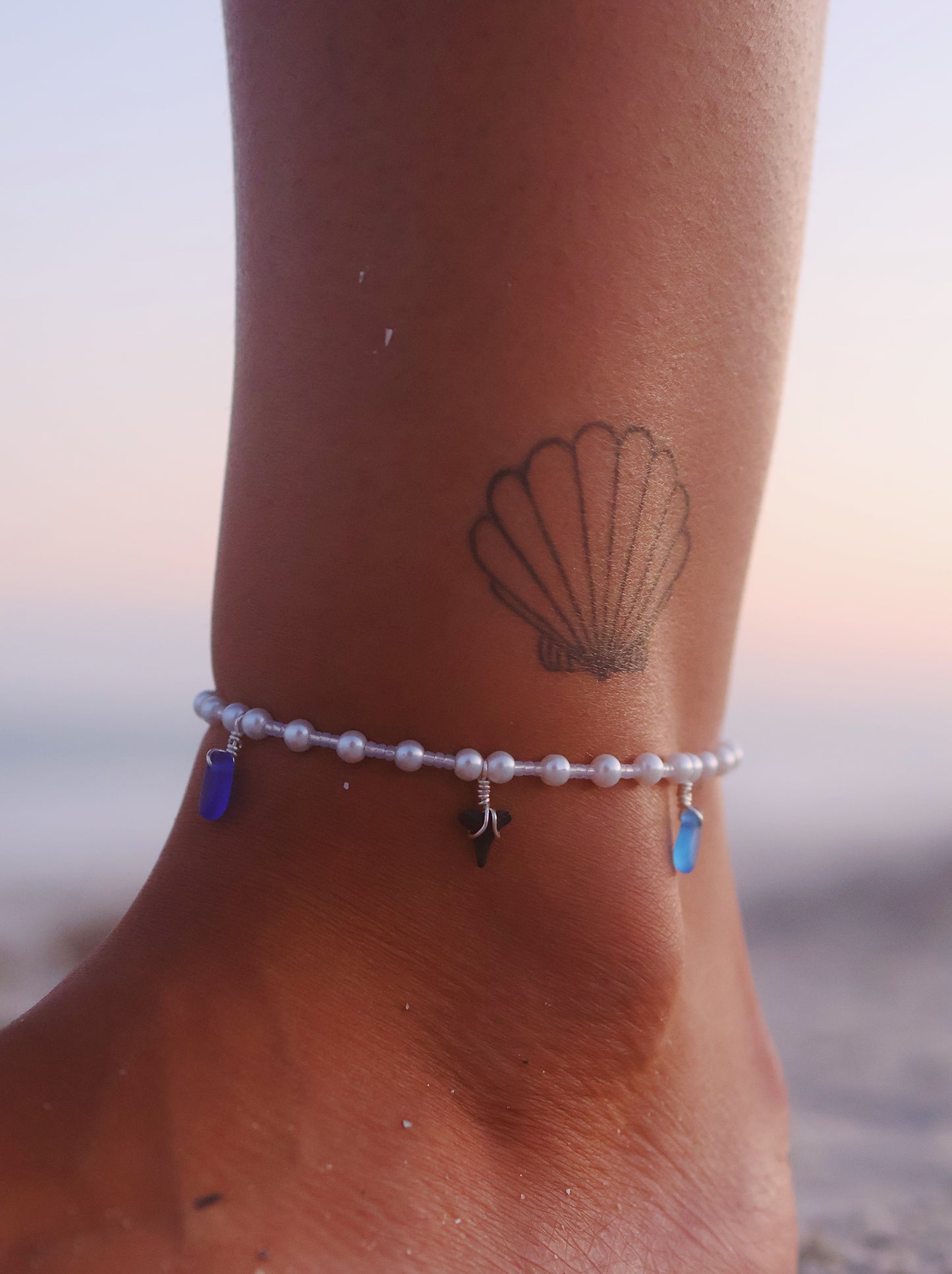 Silver Pearl Shark Tooth & Mix Blue Sea Glass Anklet