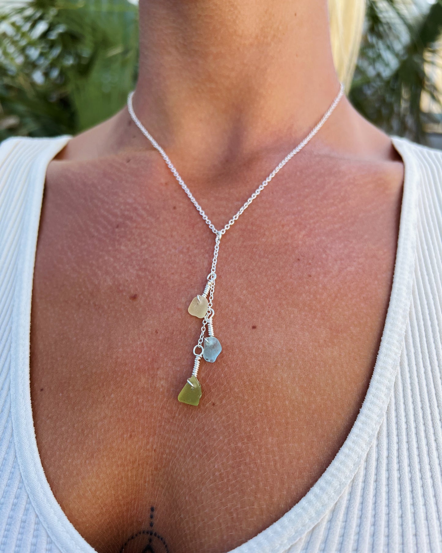 Green/Blue/Yellow Sea Glass Drop Necklace