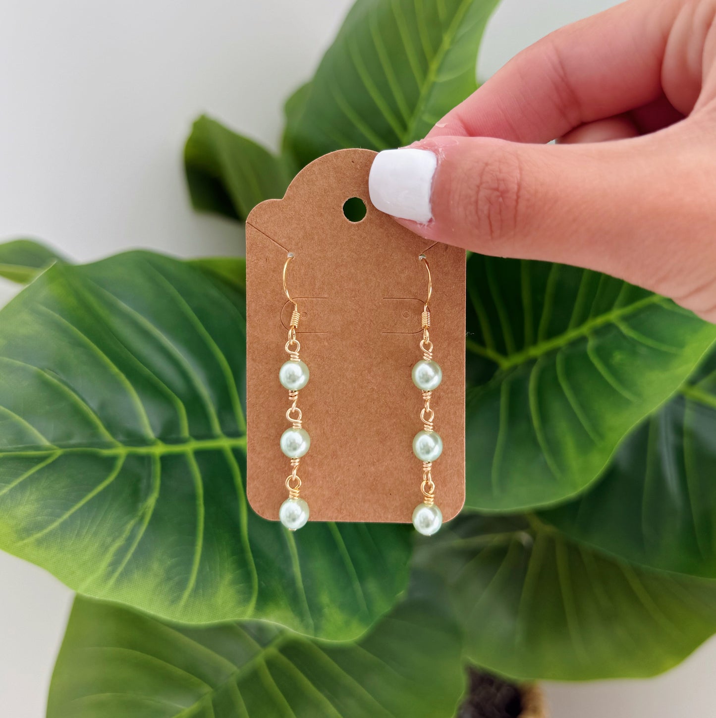 Gold Green Pearl Drop Earrings