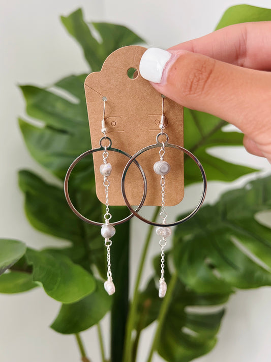 Silver Freshwater Gray Pearl Dangle Hoops