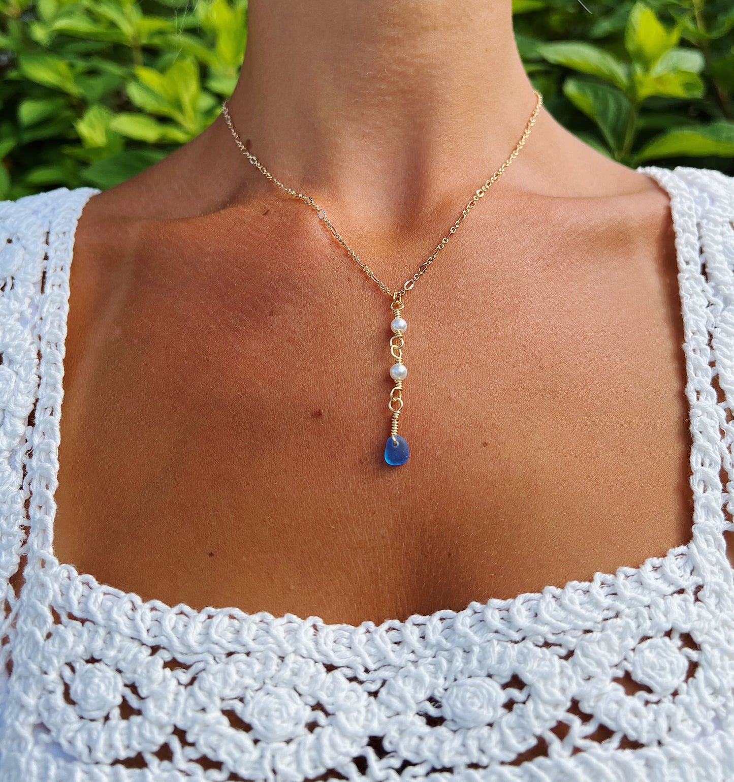 Gold Pearl Drop Ocean Blue Sea Glass Necklace