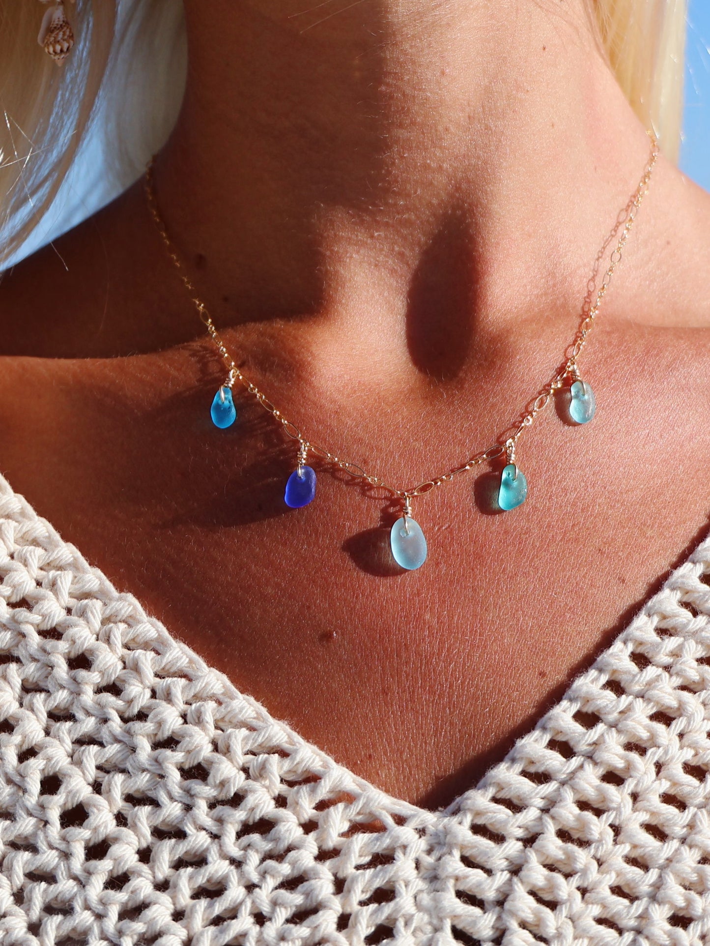 Gold Filled Mix Blue Sea Glass Multi Necklace