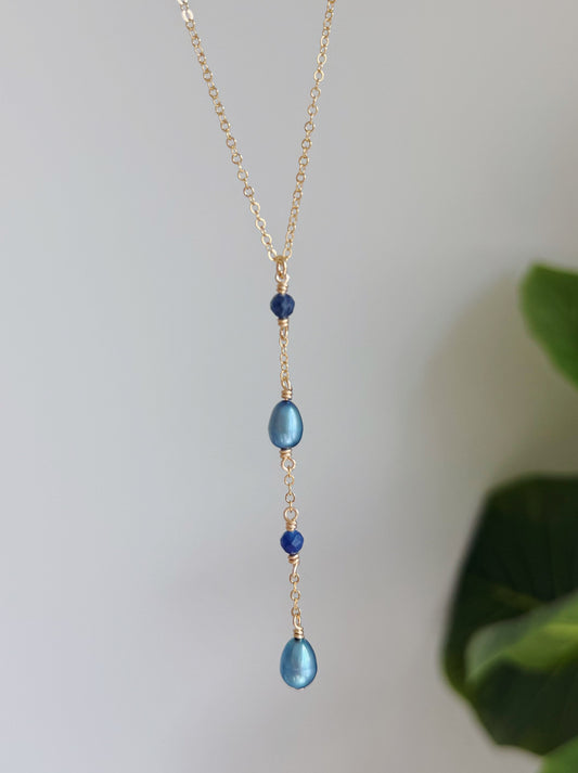 Gold Filled Deep Blue Pearl Elegant Drop Necklace