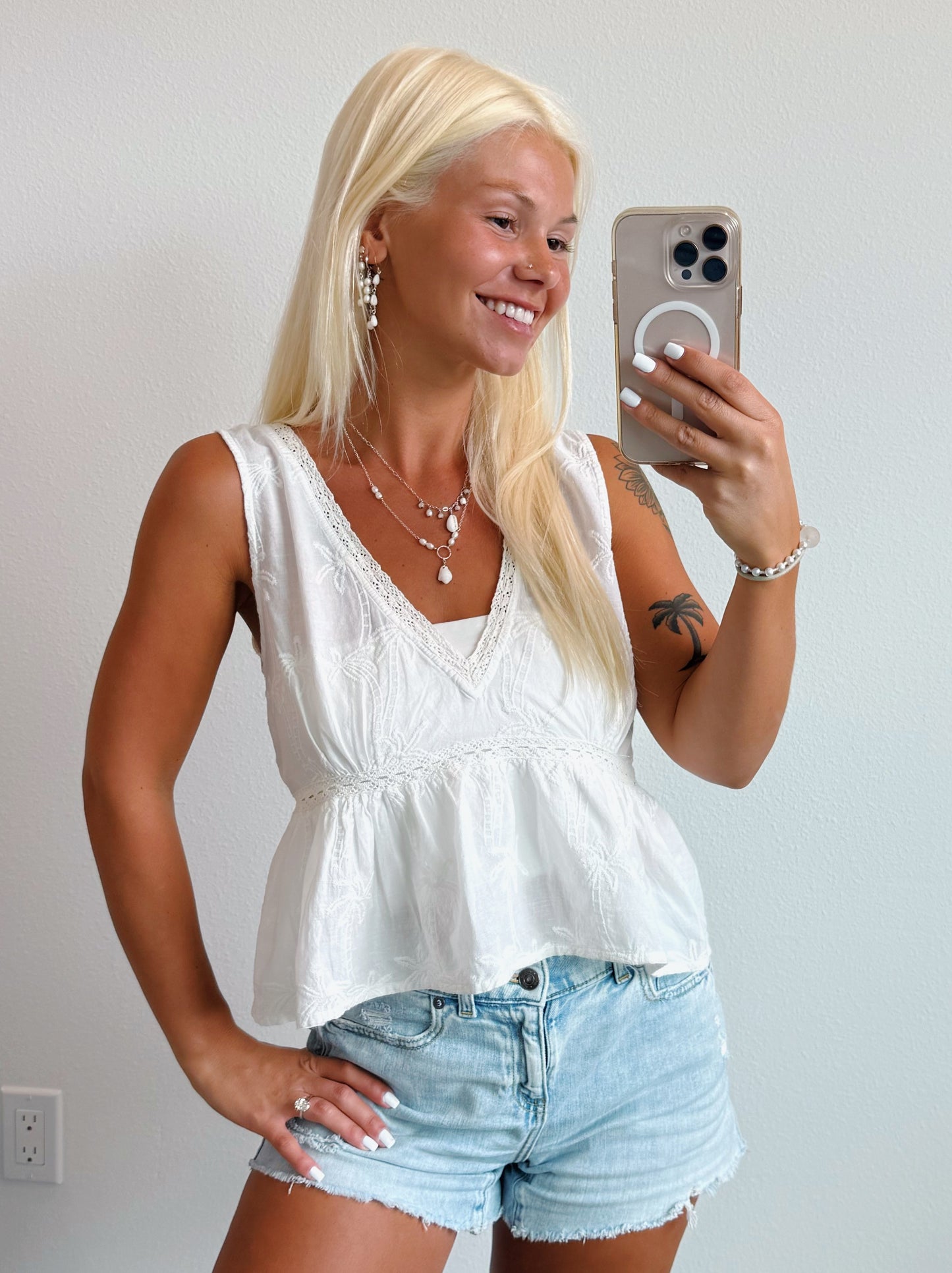 White Palm Tree Tie Back Tassel Tank Top