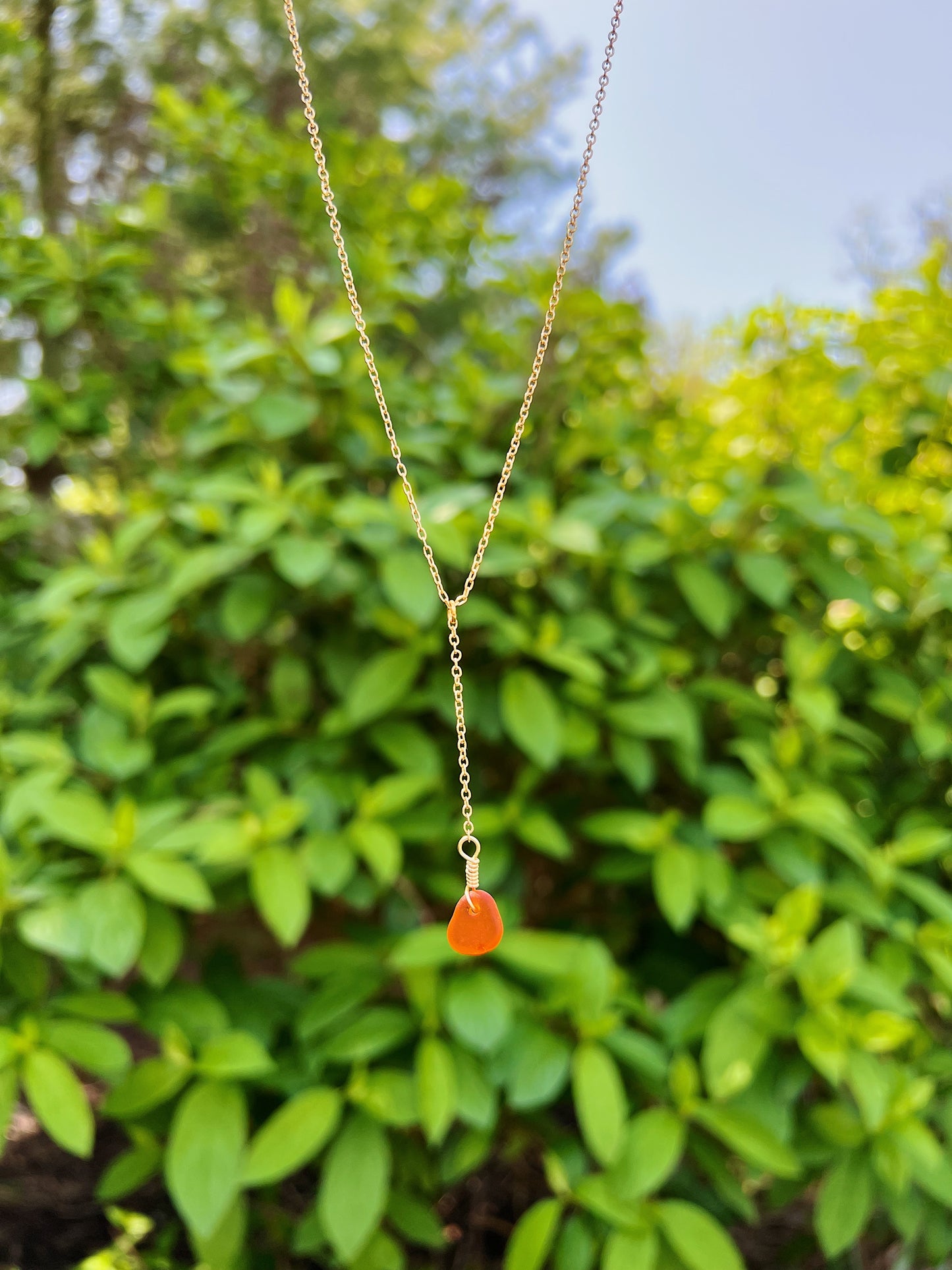 Neon Orange Sea Glass Single Drop Necklace