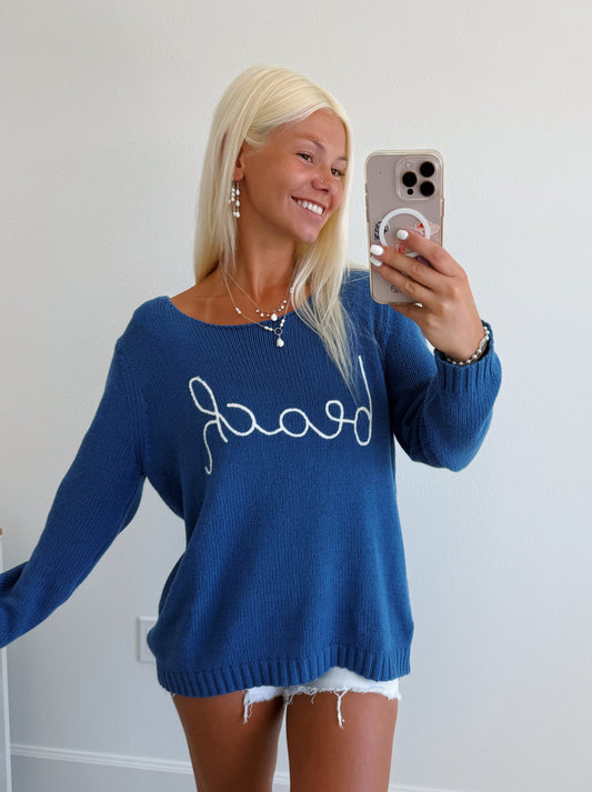Indigo Script Beach Scoop Neck Sweater