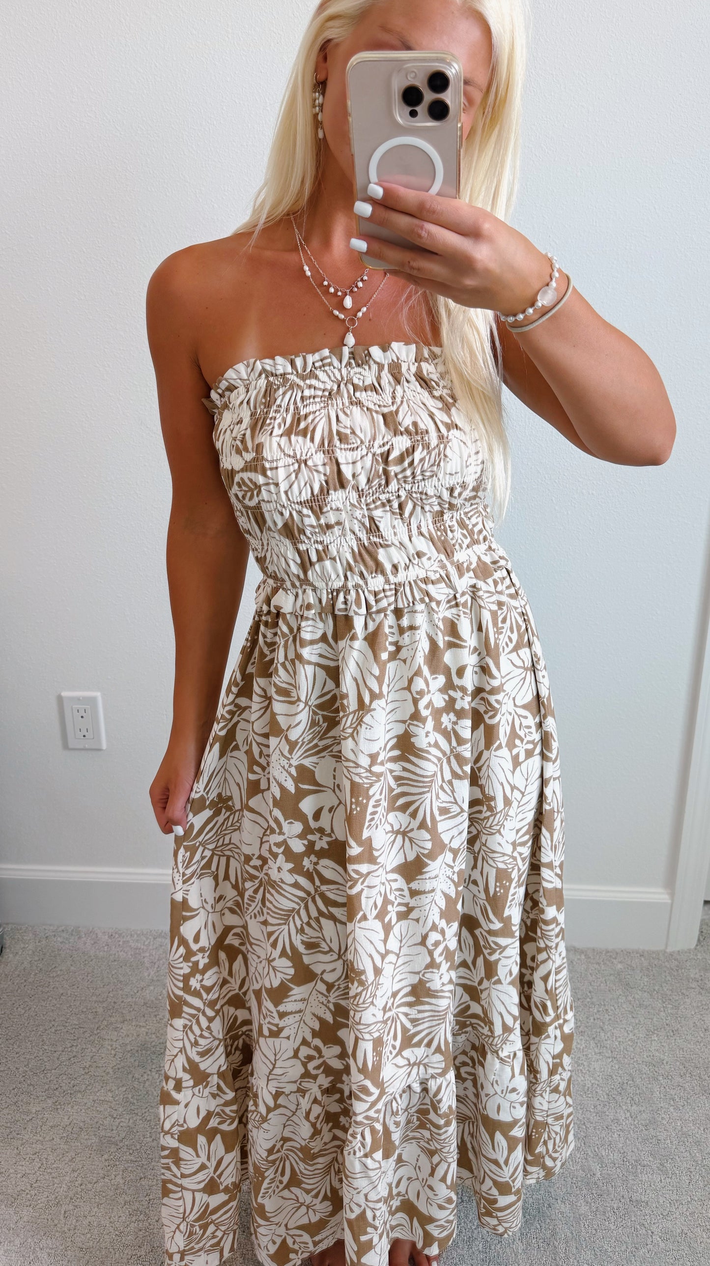 Brown Tropical Leaf Smocked Strapless Maxi Dress