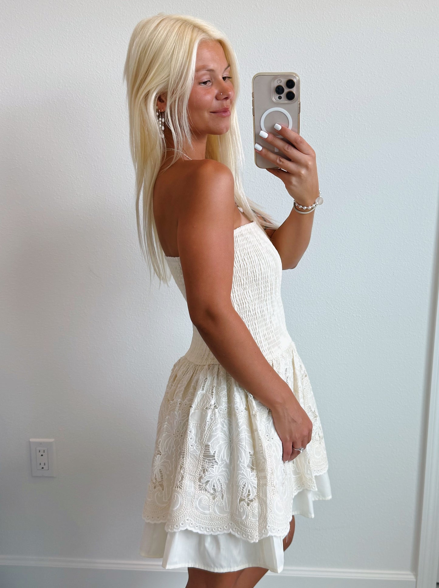 Cream Lace Embroidered Palm Tree Smocked Strapless Mini Dress