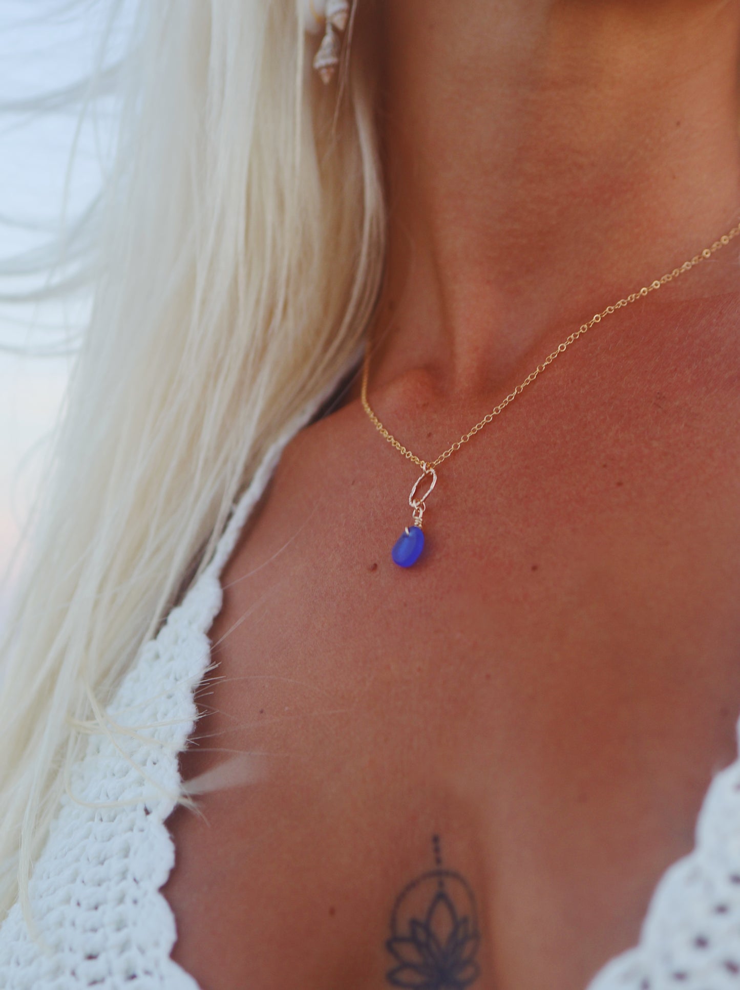 Gold Filled Deep Blue Sea Glass Hammered Circle Necklace