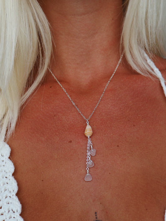 Sterling Silver Orange Cone Shell & Clear Sea Glass Triple Drop Necklace