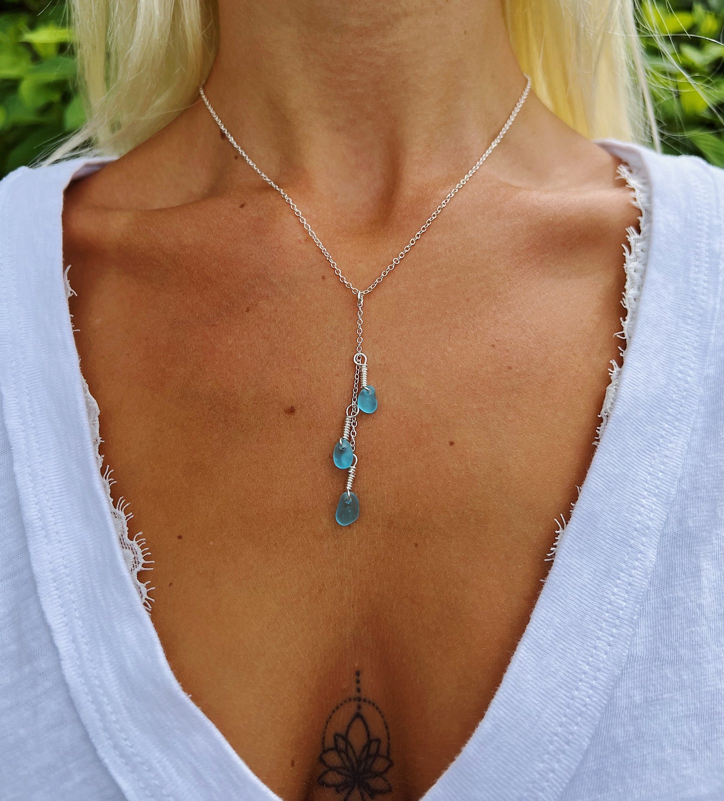 Ocean Blue Sea Glass Drop Necklace