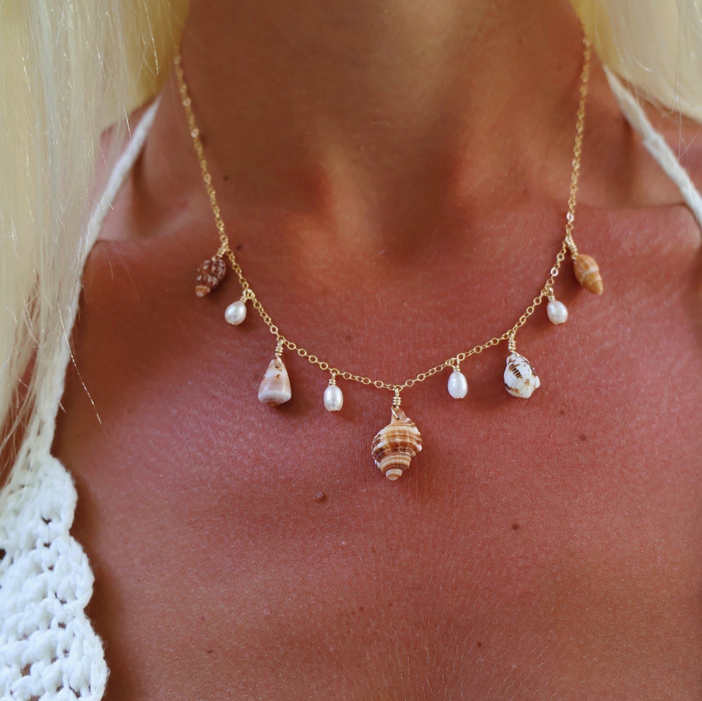 Gold Filled Brown Neutral Triton Shell Baroque Pearl Multi Necklace