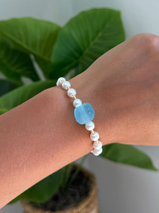 Gold Ocean Turquoise Sea Glass Pearl Bracelet