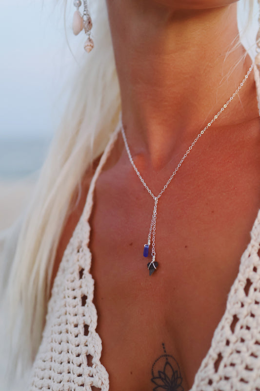 Sterling Silver Shark Tooth & Royal Blue Sea Glass Drop Necklace