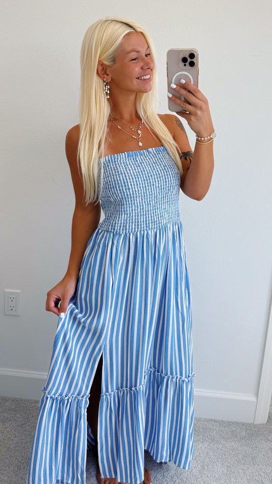 Blue Striped Smocked High Low Maxi Dress
