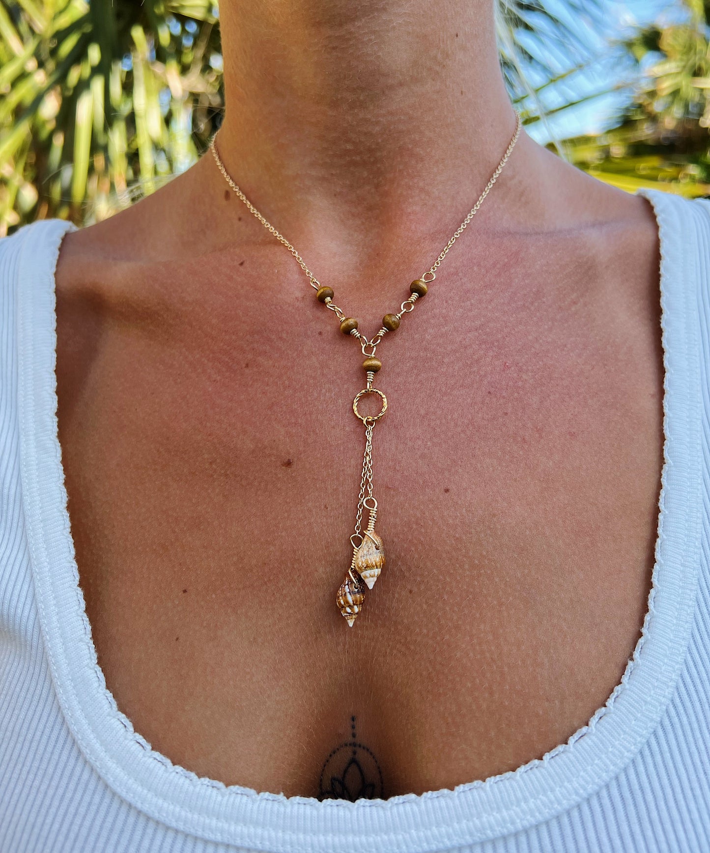 Neutral Gold Shell Double Drop Necklace