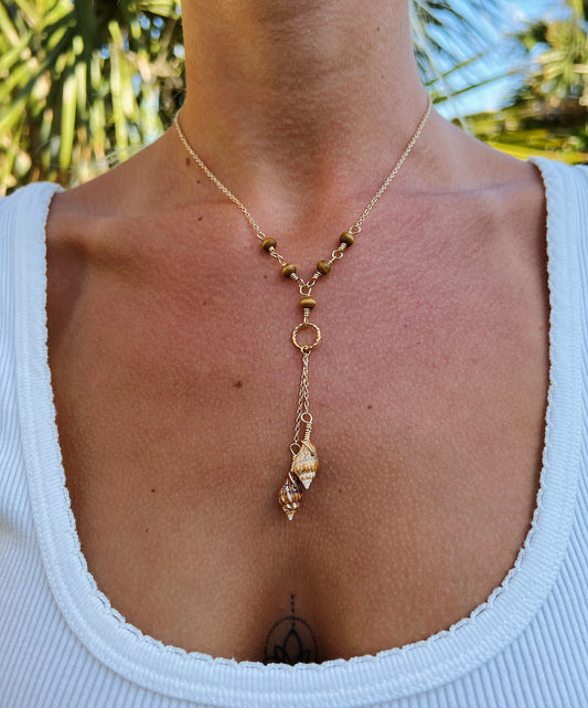 Neutral Gold Shell Double Drop Necklace