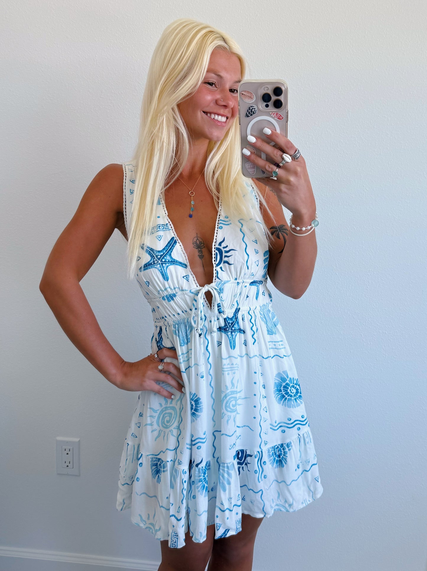 Blue Coastal Print Flowy Dress